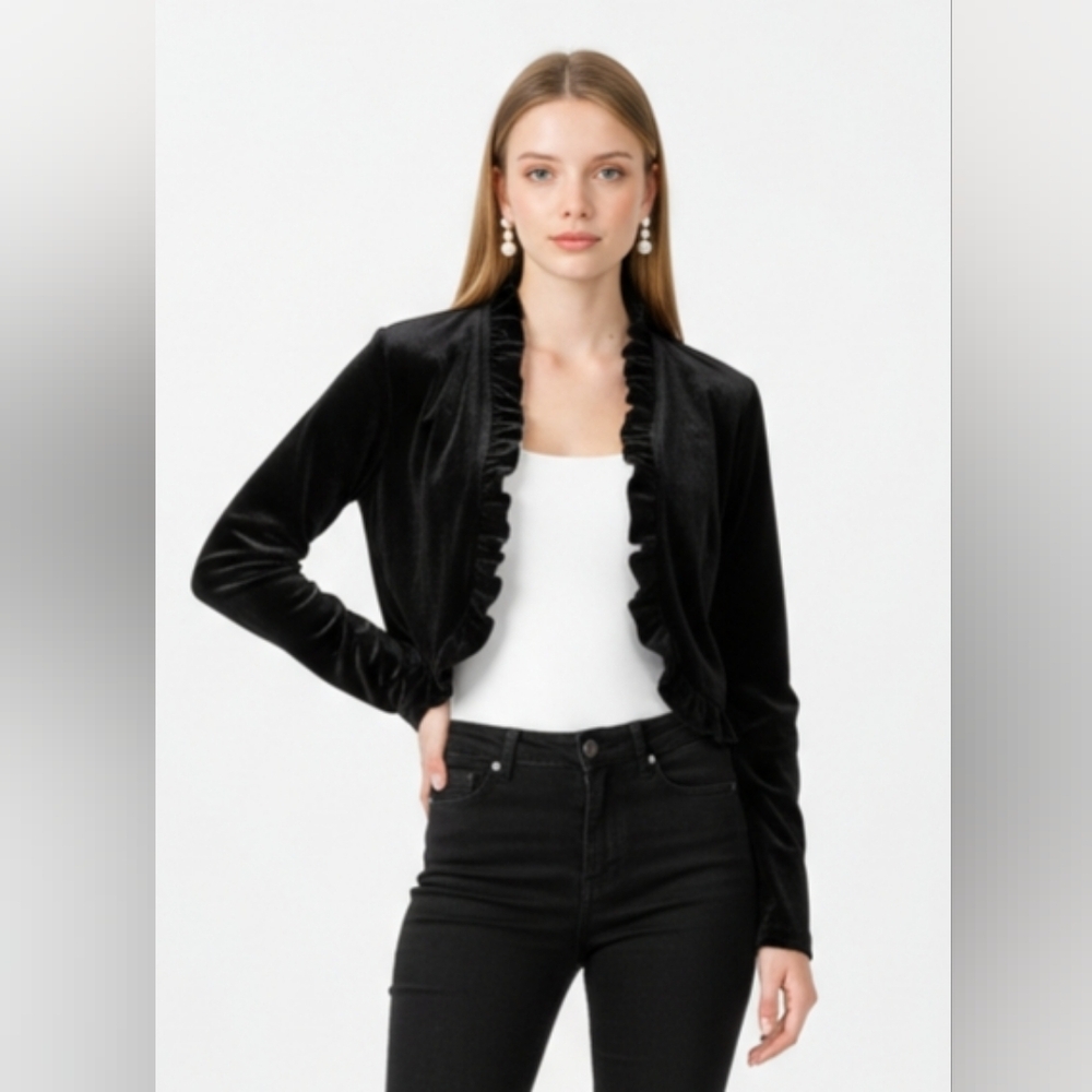 I.N. San Fran Black Ruffled Velvet-Velour Shrug/Bolero/Jacket Women Sz Small NWT
